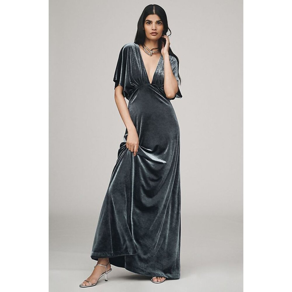 Anthropologie Gray BHLDN Amelia Deep-V Stretch Velvet Maxi Dress Size Large NEW